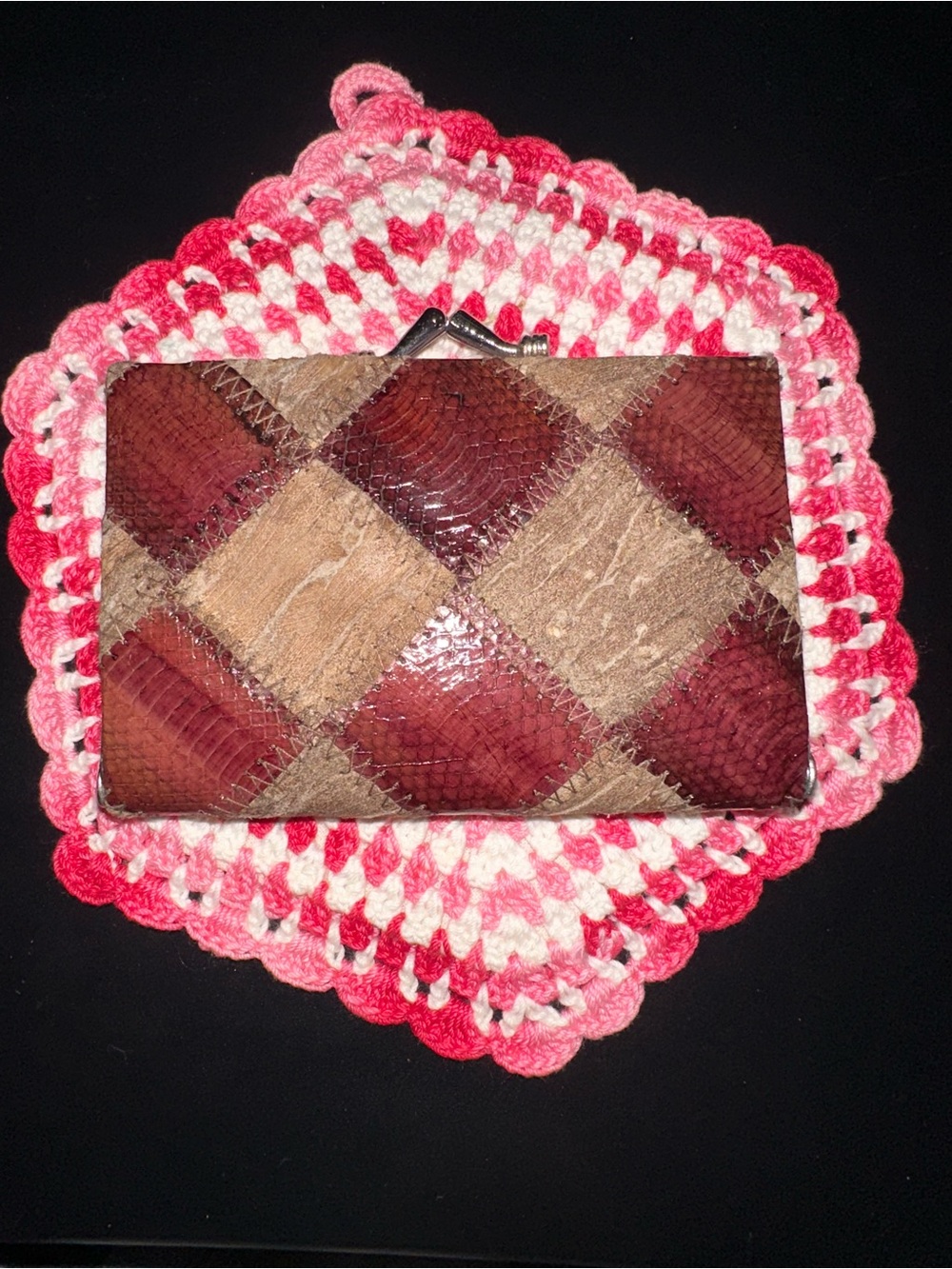 Vintage Patchwork Leather Frame Wallet - with kiss lock closure Brown & Burgundy